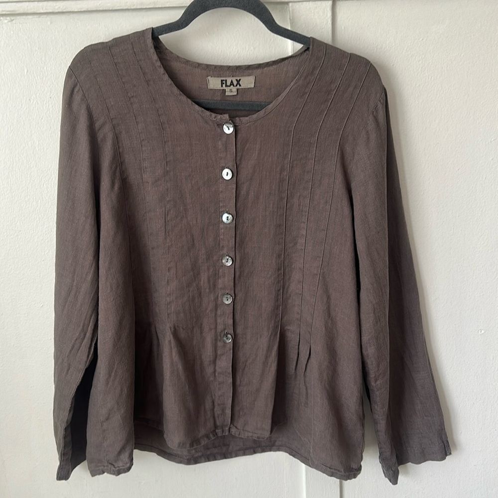 Flax Women's 100% Linen Taupe Brown Pleated Button Down Top Small